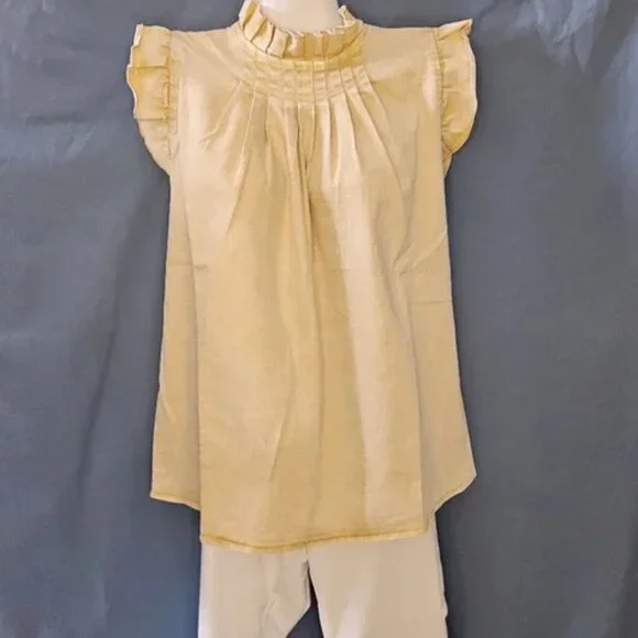 MAZIK Women's Vintage Latte Ruffle Sleeve Pleated Front Top(B3) - Picture 2 of 5